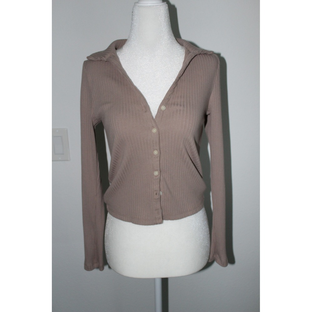 Old Navy Women's XS Ribbed Button Front Long Sleeve Polo‎ Cardigan Taupe Mauve